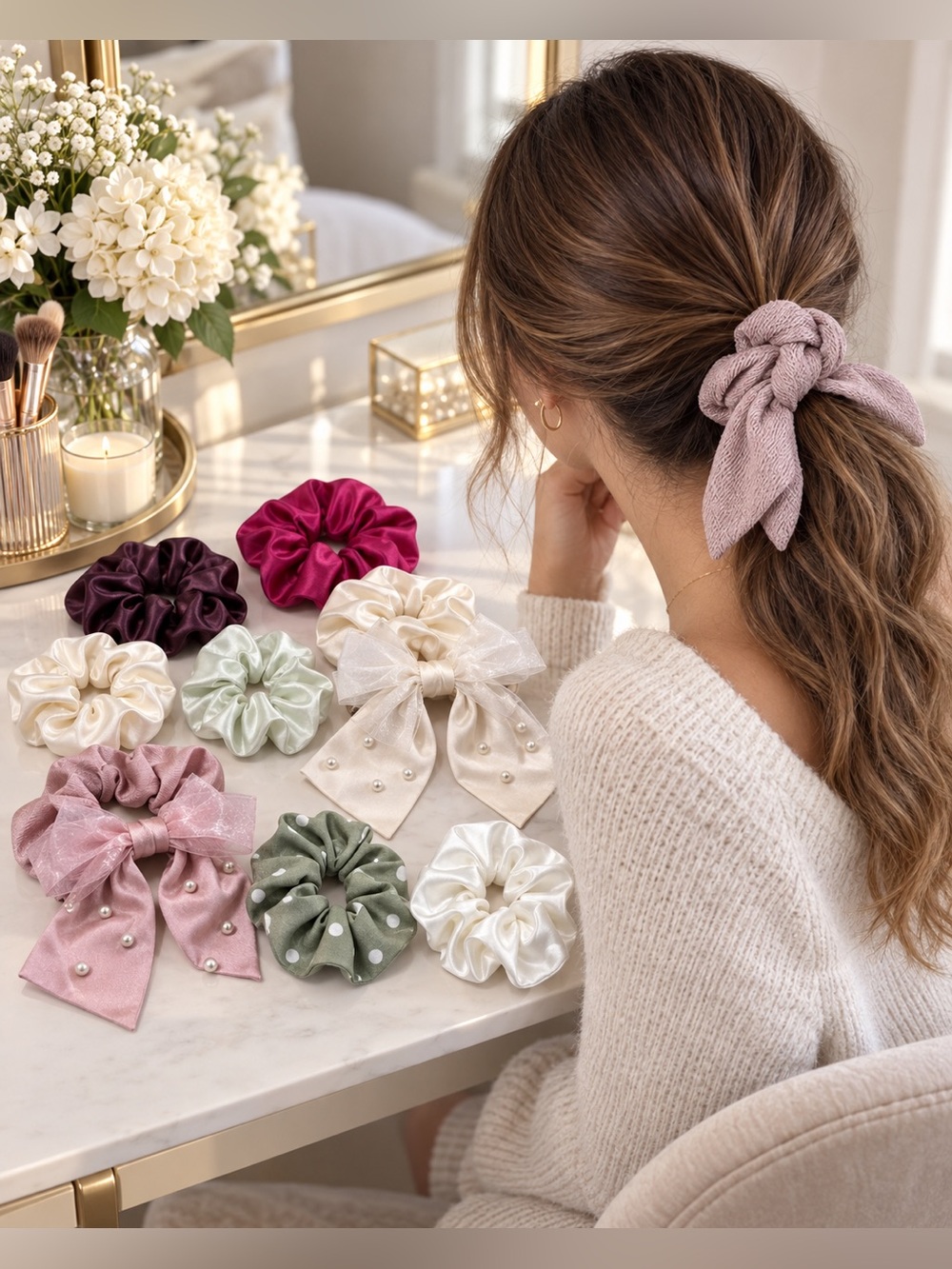 A New Day Scunci Scrunchie Hair Tie Lot of 9 Bows Pearls NWT